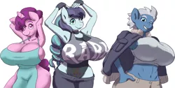 Size: 2135x1080 | Tagged: suggestive, artist:moronsonofboron, derpibooru import, coloratura, night glider, sugar belle, anthro, earth pony, pegasus, unicorn, full service playing cards, apron, arm behind head, armpits, big breasts, bomber jacket, breasts, busty coloratura, busty night glider, busty sugar belle, clothes, female, females only, fishnets, huge breasts, impossibly large breasts, leotard, looking at you, looking up, naked apron, rara, simple background, smiling, tanktop, transparent background