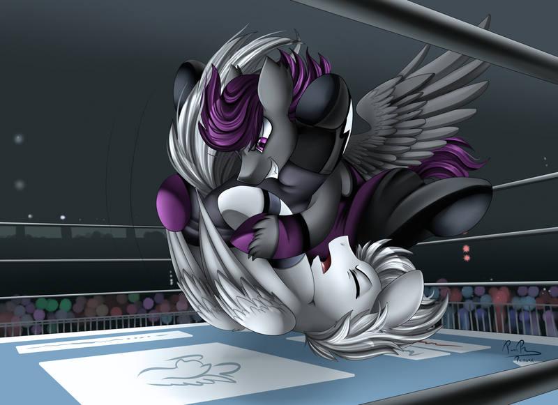 Size: 3509x2550 | Tagged: safe, artist:pridark, derpibooru import, oc, oc:jokage, oc:silver dash, unofficial characters only, pegasus, pony, audience, commission, eyes closed, grin, male, smiling, sports, stallion, wrestler, wrestling, wrestling ring