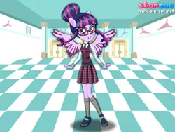 Size: 800x600 | Tagged: safe, artist:user15432, derpibooru import, sci-twi, twilight sparkle, twilight sparkle (alicorn), human, equestria girls, friendship games, clothes, crystal prep academy, crystal prep academy uniform, crystal prep shadowbolts, glasses, hasbro, hasbro studios, humanized, pegasus wings, ponied up, pony ears, school uniform, scitwilicorn, solo, starsue, winged humanization, wings