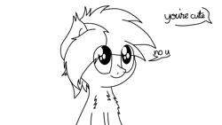 Size: 1366x768 | Tagged: safe, artist:kimjoman, derpibooru import, oc, oc:tiorafa, unofficial characters only, earth pony, pony, chest fluff, cursive, cute, fluffy, lineart, looking up, male, monochrome, no u, paint tool sai, shoulder fluff, simple background, smiling, solo, text, white background, wip