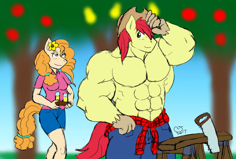 Size: 1086x735 | Tagged: suggestive, artist:caseyljones, derpibooru import, bright mac, pear butter, anthro, earth pony, abs, bench, biceps, breasts, brightbutter, clothes, cowboy hat, deltoids, drink, duo, female, flower, flower in hair, hat, jeans, male, mare, might mac, muscles, pants, partial nudity, pecs, saw, shipping, shirt, stallion, stetson, straight, sweet apple acres, topless