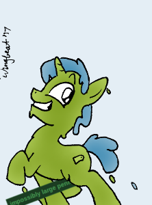 Size: 222x300 | Tagged: questionable, artist:wingbeatpony, derpibooru import, edit, oc, oc:tags, ponified, unofficial characters only, goo pony, original species, pony, derpibooru, blame wingbeat, derpibooru ponified, impossibly large penis, male, meta, penis, solo, solo male