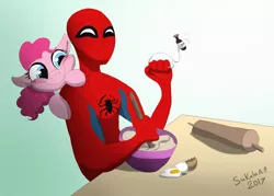 Size: 1949x1397 | Tagged: artist:sukalaap, baking, derpibooru import, fanart mashup challenge, pinkie pie, safe, signature, spider-man