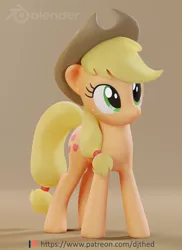 Size: 1574x2160 | Tagged: safe, artist:therealdjthed, derpibooru import, applejack, earth pony, pony, 3d, 3d model, blender, cowboy hat, cute, cycles, cycles render, female, hat, jackabetes, mare, model:djthed, patreon, patreon logo, simple background, smiling, solo