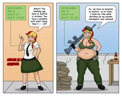 Size: 2800x2200 | Tagged: adult, age progression, alcohol, ammo pouch, artist:lordstormcaller, ashtray, austria, austrian, bbw, before and after, belly, belt, beret, big belly, big breasts, boots, braid, braided ponytail, breasts, building, cargo pants, chubby, cigarette, clothes, cute, derpibooru import, fat, fn fal, german, gloves, graffiti, grin, gun, hat, human, humanized, humanized oc, incorrect weight, military, military uniform, necktie, oc, oc:reinna vorau, pants, plump, progression, sandbags, shirt, shoes, sidewalk, skirt, smiling, smoking, socks, soldier, sports bra, suggestive, table, teenager, time skip, traditional art, two colour hair, unofficial characters only, wall, weapon, weight gain, wine, wine bottle