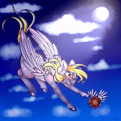 Size: 894x894 | Tagged: safe, artist:slushshe, derpibooru import, derpy hooves, pegasus, pony, female, flying, food, mare, moon, muffin, sky, solo, tongue out