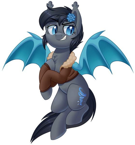 Size: 1276x1367 | Tagged: safe, artist:thegamblehorse, deleted from derpibooru, derpibooru import, oc, oc:seachell, unofficial characters only, bat pony, pony, bat pony oc, bomber jacket, chest fluff, clothes, eyebrows, female, flying, grin, mare, simple background, smiling, smirk, smug, solo, spread wings, transparent background, wings