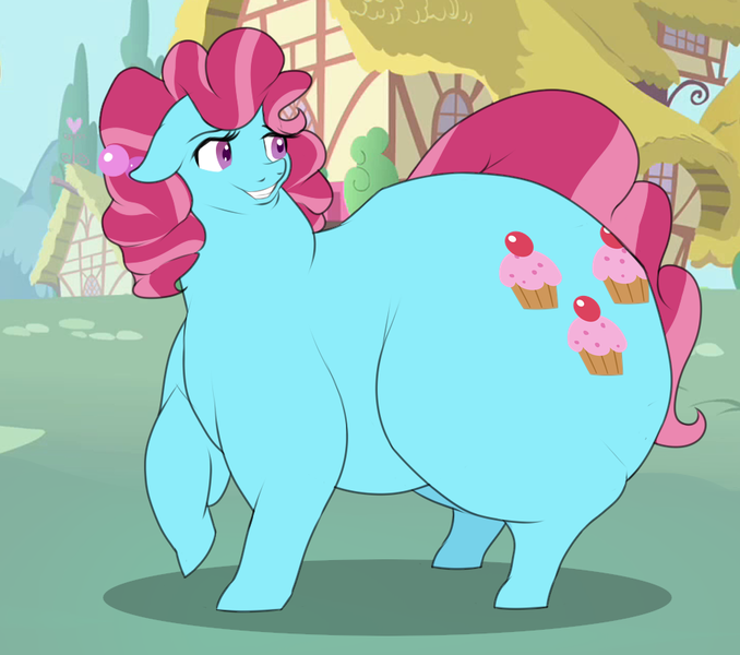 Size: 935x828 | Tagged: artist:astr0zone, ass, cup cake, derpibooru import, fat, floppy ears, grin, heart, hips, huge butt, impossibly large butt, impossibly large hips, impossibly large thighs, large butt, lidded eyes, looking back, ponyville, raised hoof, safe, smiling, solo, the ass was fat, thick cup cake, thunder thighs, wide hips