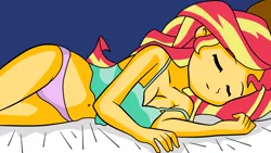 Size: 1920x1080 | Tagged: suggestive, artist:philelmago, derpibooru import, sunset shimmer, equestria girls, bed, belly button, breasts, cleavage, clothes, female, panties, pink underwear, sexy, simple background, sleeping, solo, solo female, tanktop, underwear