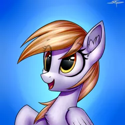 Size: 3000x3000 | Tagged: safe, artist:setharu, derpibooru import, derpy hooves, pegasus, pony, bust, chest fluff, cute, derpabetes, ear fluff, female, gradient background, mare, open mouth, raised hoof, signature, smiling, solo