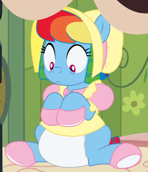 Size: 996x1154 | Tagged: adult foal, alternate hairstyle, artist:evilfrenzy, bonnet, booties, clothes, cropped, curly mane, derpibooru import, diaper, diaper fetish, dress, fetish, poofy diaper, questionable, rainbow dash, rainbow dash always dresses in style, sitting, solo