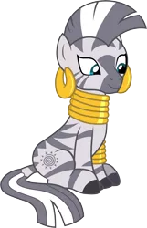 Size: 3001x4662 | Tagged: a health of information, .ai available, artist:cloudyglow, bracelet, derpibooru import, ear piercing, earring, female, jewelry, neck rings, piercing, quadrupedal, safe, simple background, sitting, smiling, solo, transparent background, vector, zebra, zecora
