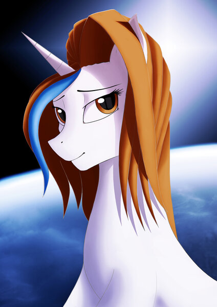 Size: 1024x1448 | Tagged: safe, artist:casparraillen, derpibooru import, oc, oc:trueheart, unofficial characters only, pony, unicorn, blue background, blue streak, brown eyes, brown hair, brown mane, bust, cloud, digital art, female, horizon, horn, mare, planet, portrait, simple background, solo, space, stars, sun, trueheart, white coat