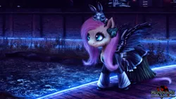 Size: 3000x1688 | Tagged: safe, artist:metadragonart, derpibooru import, angel bunny, fluttershy, cyborg, pony, robot, amputee, building, city, clothes, cyberpunk, dress, female, night, prosthetic limb, prosthetics