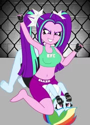 Size: 1024x1430 | Tagged: safe, artist:animekid0839, derpibooru import, aria blaze, rainbow dash, equestria girls, rainbow rocks, armpits, barefoot, belly button, cage, cage fight, clothes, feet, female, fingerless gloves, gloves, midriff, mixed martial arts, mma, sports bra, sports shorts