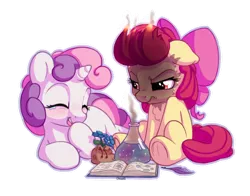 Size: 1400x1100 | Tagged: safe, artist:bobdude0, derpibooru import, apple bloom, sweetie belle, earth pony, pony, unicorn, adorabloom, angry, apple bloom is not amused, chemistry, cute, diasweetes, duo, eyes closed, female, filly, floppy ears, hoof over mouth, laughing, lying, mane on fire, potion, potion making, simple background, singed, sitting, smiling, sweetie troll, transparent background, unamused, underhoof