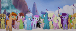 Size: 400x167 | Tagged: safe, derpibooru import, screencap, cantaloupe (character), code red, jules winnfield, nougat praliné, open skies, songbird serenade, toadstool blossom, unnamed pony, vincent vega, vinny, whinnyfield, earth pony, pegasus, pony, unicorn, my little pony: the movie, animated, animation error, background pony, bow, canterlot shopkeep, clothes, female, gif, hair bow, headset, male, mare, necktie, pulp fiction, race swap, stallion, suit, sunglasses