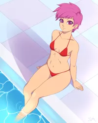 Size: 2400x3000 | Tagged: suggestive, artist:souladdicted, derpibooru import, scootaloo, human, bikini, breasts, clothes, female, high angle, high res, humanized, image, looking at you, older, older scootaloo, png, reasonably sized breasts, red swimsuit, small breasts, solo, solo female, stupid sexy scootaloo, swimming pool, swimsuit, tomboy, water