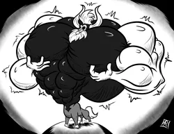 Size: 3300x2550 | Tagged: artist:atmanryu, centaur, derpibooru import, growth, hyper, hyper muscle, imminent popping, lord tirek, macro, male, monochrome, muscle expansion, muscle growth, muscles, near bursting, overdeveloped muscles, planet, safe, solo