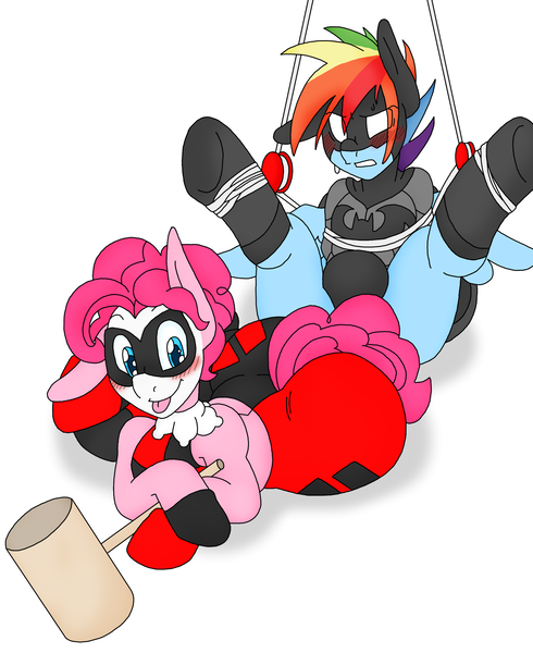 Size: 1961x2401 | Tagged: questionable, artist:blackbewhite2k7, derpibooru import, pinkie pie, rainbow dash, batman, blushing, bondage, bubble berry, bubbleblitz, clothes, crotch bulge, femboy, gay, harley quinn, large butt, male, no pants, pinkie quinn, plot, rainbow blitz, rule 63, tongue out, underwear, yo-yo