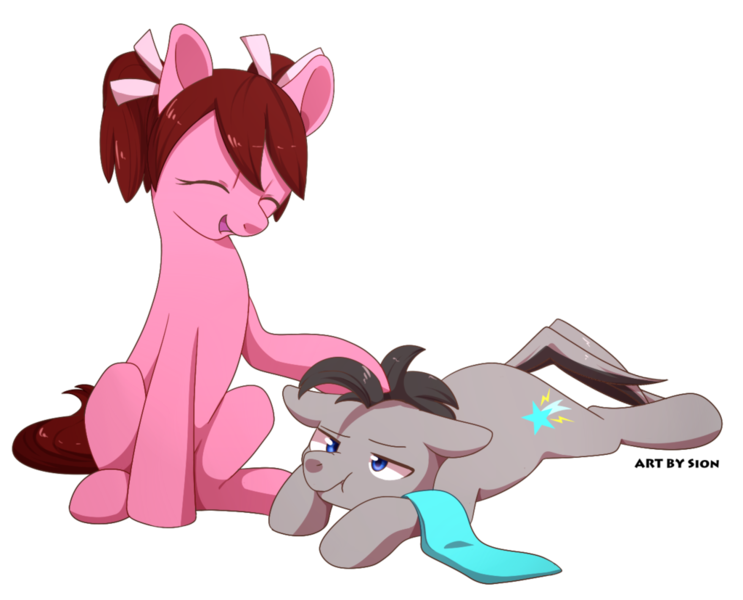 Size: 1024x827 | Tagged: safe, artist:sion, derpibooru import, oc, oc:pace, oc:sparks, unofficial characters only, earth pony, pony, brother and sister, clothes, female, male, petting, ribbon, scarf, scrunchy face, twins