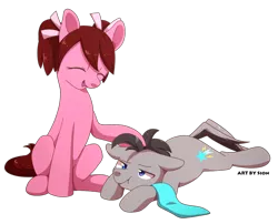 Size: 1024x827 | Tagged: safe, artist:sion, derpibooru import, oc, oc:pace, oc:sparks, unofficial characters only, earth pony, pony, brother and sister, clothes, female, male, petting, ribbon, scarf, scrunchy face, twins