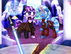 Size: 1500x1125 | Tagged: safe, artist:vavacung, derpibooru import, starlight glimmer, trixie, pony, unicorn, ahsoka tano, anakin skywalker, clothes, cosplay, costume, dialogue, duo, female, jedi, lightsaber, now you fucked up, oh crap, oh no, oh shit, oops, raised hoof, shaking, shocked, shrunken pupils, star wars, sweat, this will end in tears and/or death, twilight's castle, uh oh, weapon, whoops, you dun goofed