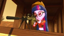 Size: 1920x1080 | Tagged: safe, artist:fivefreddy, derpibooru import, twilight sparkle, equestria girls, 3d, belly button, crossover, fn scar, glasses, gmod, gun, hat, midriff, optical sight, rifle, sniper, sniper rifle, team fortress 2, twilight sniper, weapon