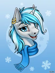 Size: 1080x1440 | Tagged: safe, artist:wwredgrave, derpibooru import, oc, oc:snowflake, unofficial characters only, pony, unicorn, bust, clothes, commission, ear piercing, female, looking at you, mare, open mouth, piercing, scarf, smiling, solo