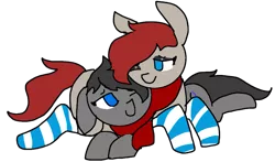 Size: 979x575 | Tagged: artist:nootaz, best friends, clothes, cute, derpibooru import, eyeshadow, looking at each other, makeup, oc, oc:kenos, oc:ponepony, safe, scarf, simple background, snuggling, socks, striped socks, transparent background, unofficial characters only