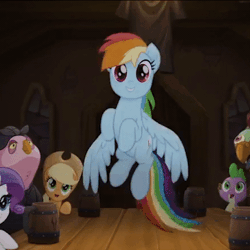 Size: 440x440 | Tagged: safe, derpibooru import, screencap, applejack, lix spittle, murdock, rainbow dash, rarity, spike, dragon, parrot pirates, pony, my little pony: the movie, animated, cropped, cute, dashabetes, female, flying, gif, heart, heart hoof, male, mare, pirate, singing, solo focus, time to be awesome, underhoof