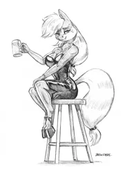 Size: 1100x1493 | Tagged: suggestive, artist:baron engel, derpibooru import, applejack, anthro, earth pony, unguligrade anthro, big breasts, breasts, busty applejack, cider, clothes, dress, drink, female, grayscale, looking at you, mare, monochrome, pencil drawing, simple background, sketch, smiling, solo, solo female, stool, stupid sexy applejack, traditional art, white background