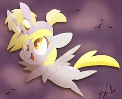 Size: 6374x5203 | Tagged: safe, artist:shellielle, derpibooru import, derpy hooves, dinky hooves, pegasus, pony, unicorn, absurd resolution, chibi, cloud, cute, derpabetes, dinkabetes, equestria's best mother, female, filly, mare, mother and daughter, open mouth, pointy ponies, pony hat, smiling