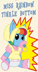 Size: 346x652 | Tagged: alternate hairstyle, artist:evilfrenzy, bonnet, booties, clothes, cropped, curly mane, derpibooru import, diaper, doll, dress, not rainbow dash, pacifier, poofy diaper, rainbow dash always dresses in style, safe, sitting, solo, toy