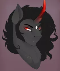 Size: 1933x2293 | Tagged: safe, artist:evehly, derpibooru import, king sombra, pony, unicorn, bust, chest fluff, curved horn, fangs, looking at you, male, portrait, red eyes, scar, scarred, simple background, slit eyes, solo, stallion