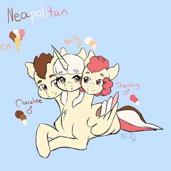 Size: 2000x2000 | Tagged: alicorn, alicorn oc, artist:bunnycat, blue background, cerberus, chest fluff, chocolate, commission, conjoined, conjoined triplets, cutie mark, derpibooru import, design, female, female symbol, food, food pony, ice cream, ice cream pony, lol, looking at each other, male, male symbol, multiple heads, oc, original species, prone, reference sheet, safe, simple background, smiling, solo, strawberry, three-headed pony, three heads, triple header, triplets, unofficial characters only, vanilla