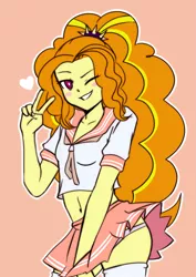 Size: 1915x2707 | Tagged: suggestive, artist:raika0306, derpibooru import, adagio dazzle, equestria girls, belly button, blush sticker, blushing, breasts, clothes, cute, delicious flat chest, female, flatdagio dazzle, heart, looking at you, midriff, moe, one eye closed, panties, peace sign, sailor uniform, sexy, skirt, skirt pull, solo, solo female, underwear, wink, zettai ryouiki