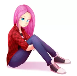 Size: 1024x1005 | Tagged: safe, artist:fj-c, derpibooru import, fluttershy, human, equestria girls, clothes, converse, hug, humanized, jeans, leg hug, looking at you, pants, plaid shirt, shirt, shoes, simple background, sitting, solo