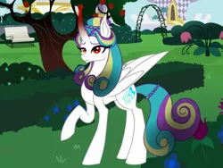 Size: 960x720 | Tagged: safe, artist:owocrystalcatowo, derpibooru import, oc, oc:shy heart, unofficial characters only, alicorn, pony, female, mare, offspring, parent:king sombra, parent:oc:crystal heart, parents:canon x oc, raised hoof, solo