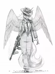 Size: 1100x1478 | Tagged: alicorn, anthro, artist:baron engel, clothes, derpibooru import, female, gangster, grayscale, gun, hat, looking at you, mare, monochrome, pencil drawing, princess luna, safe, serious, serious face, simple background, sketch, suit, tommy gun, traditional art, unguligrade anthro, weapon, white background