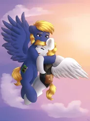 Size: 3366x4548 | Tagged: safe, artist:spirit-dude, derpibooru import, oc, oc:cutting chipset, unofficial characters only, pegasus, pony, absurd resolution, cloud, commission, crying, flying, hug, open mouth, sky, smiling, tears of joy