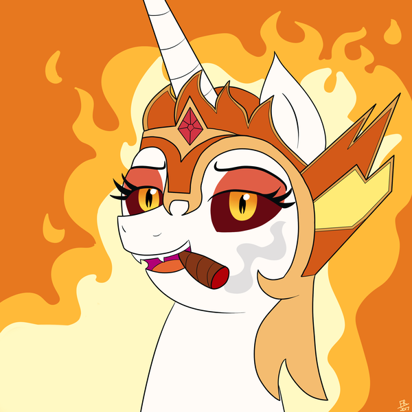 Size: 3000x3000 | Tagged: safe, artist:feralroku, derpibooru import, daybreaker, alicorn, pony, bust, cigar, fangs, lidded eyes, looking at you, orange background, portrait, simple background, smiling, smoking, solo