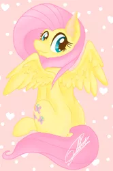 Size: 720x1084 | Tagged: safe, artist:sweetkllrvane, derpibooru import, fluttershy, pegasus, pony, cute, female, head turn, looking at you, looking back, looking back at you, mare, rear view, shyabetes, signature, sitting, smiling, solo, spread wings, wings