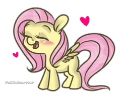 Size: 392x302 | Tagged: safe, artist:frostedpuffs, derpibooru import, fluttershy, pegasus, pony, chibi, cute, eyes closed, happy, heart, missing cutie mark, open mouth, shyabetes, simple background, smiling, solo, transparent background, wings