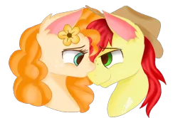 Size: 1084x720 | Tagged: safe, artist:sweetkllrvane, derpibooru import, bright mac, pear butter, pony, the perfect pear, brightbutter, cowboy hat, female, freckles, hat, husband and wife, kissing, male, mare, shipping, signature, simple background, smiling, stallion, stetson, straight, transparent background