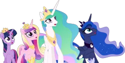 Size: 8092x4096 | Tagged: absurd resolution, alicorn, artist:tralomine, crown, derpibooru import, jewelry, looking at something, looking up, my little pony: the movie, open mouth, princess cadance, princess celestia, princess luna, regalia, royal sisters, safe, simple background, .svg available, transparent background, twilight sparkle, twilight sparkle (alicorn), vector