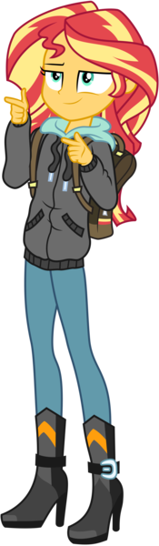 Size: 3000x10310 | Tagged: safe, alternate version, artist:pirill, derpibooru import, sunset shimmer, eqg summertime shorts, equestria girls, monday blues, .ai available, absurd resolution, backpack, boots, clothes, coat, female, finger gun, finger guns, high heel boots, pants, shoes, simple background, smiling, solo, transparent background, vector