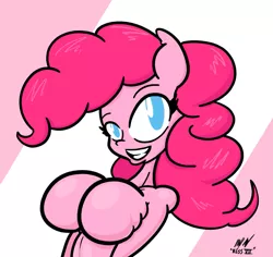 Size: 1125x1061 | Tagged: anthro, artist:nessvii, boob squish, breasts, busty pinkie pie, cleavage, derpibooru import, featureless breasts, female, looking at you, pinkie pie, smiling, solo, solo female, suggestive