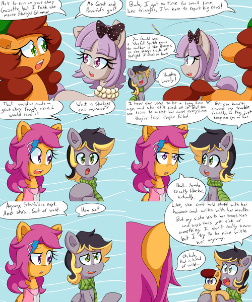 Size: 2000x2400 | Tagged: safe, artist:jake heritagu, derpibooru import, scootaloo, oc, oc:aero, oc:gazette, oc:lightning blitz, oc:lovely rain, pegasus, pony, comic:ask motherly scootaloo, baby, baby pony, bow, clothes, colt, comic, dialogue, hairpin, hat, jewelry, male, motherly scootaloo, necklace, offspring, older, older scootaloo, parent:derpy hooves, parent:oc:warden, parent:rain catcher, parent:scootaloo, parents:canon x oc, parents:catcherloo, parents:warderp, pearl necklace, pencil, scarf, speech bubble, sweatshirt