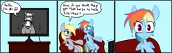 Size: 1280x399 | Tagged: artist:nessvii, aside glance, breaking the fourth wall, comic, couch, derpibooru import, derpy hooves, dialogue, flatscreen, looking at you, mister ed, rainbow dash, safe, semi-anthro, sideways glance, television